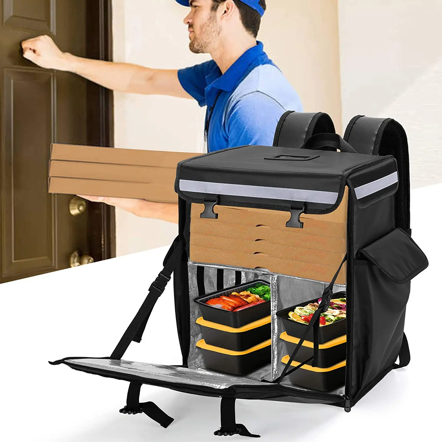 Insulated Food Delivery Backpack with 2 Side Support Boards and Adjustable Inner Dividers backpack delivery man