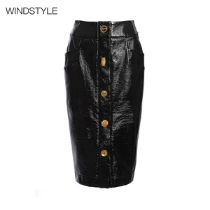 OEM/ODM High Waist Chic Skirt Glossy Black Leather Texture Golden Button Accents Slimming Spandex Material Breathable Casual