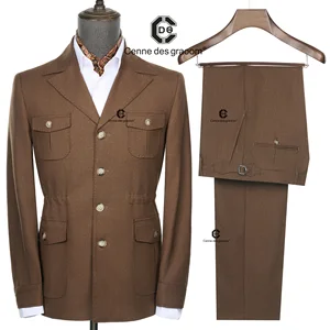 Cenne Des Graoom 2026 Light Grey Striped Double-Breasted Men Suits With Patch Pocket Tailor-Made for Office Wear Wedding Bestman