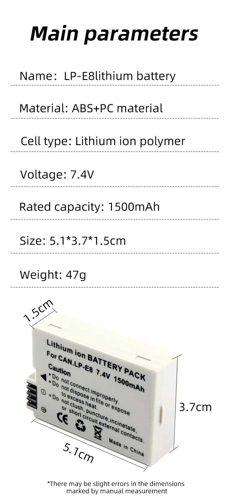 Rechargeable Digital Battery LP-E8 LPE8 for Canon EOS Rebel T2i T3i T4i T5i  Kiss X4 X5 X6 550D 600D 650D 700D details