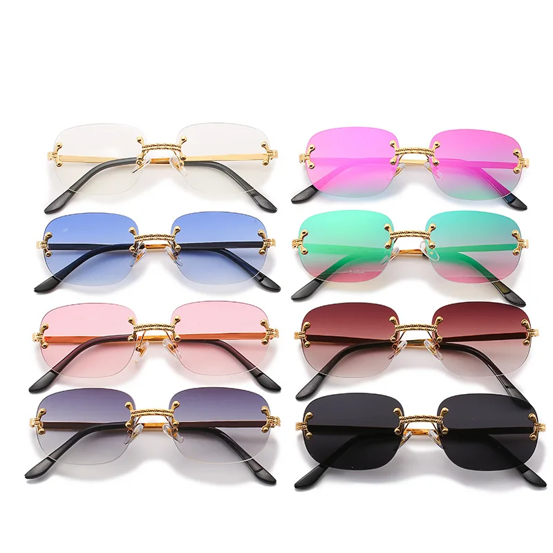 UNOC Luxury Rimless Hexagon Sunglasses 2021 Gold and Blue New Retro Metal Sun Glasses with Small Frame for Men and Women