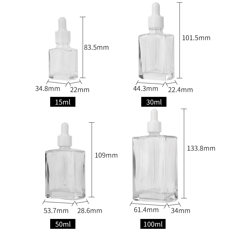 Luxury custom square cosmetic clear 15ml 30ml 50ml 100ml face hair glass serum essential oil dropper bottle manufacture