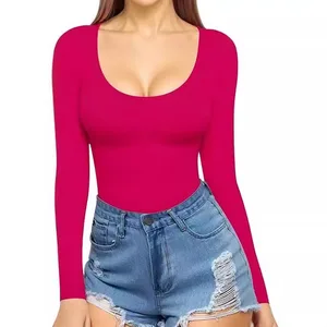 2025 Summer Women's Low Round Neck Long Sleeve Sexy Slimming Fashion Casual T-shirt