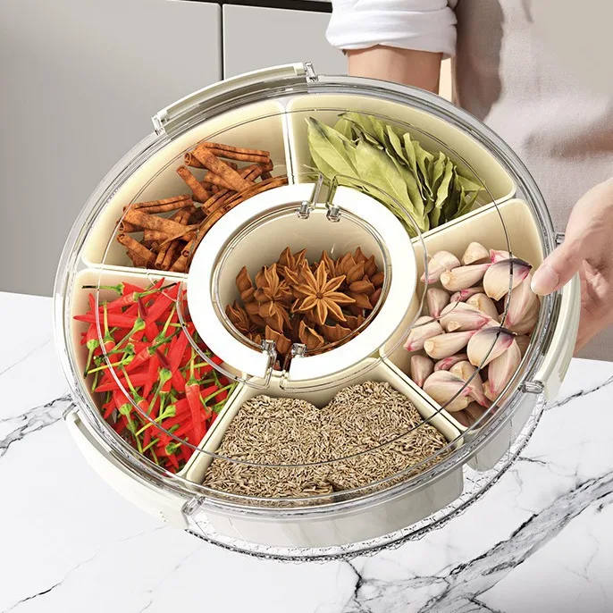 Six-compartment Portable Rotating Outdoor sealed Plastic Spice Storage Box Modern Simplicity Design Transparent Dried Fruit Box