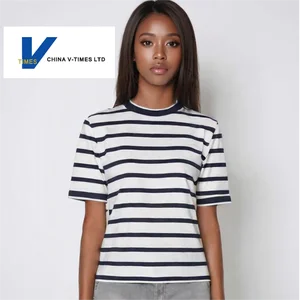 China V-Times Women's Casual Short-Sleeve Polyester Striped Knit T-Shirt Summer New for Cotton Color-Block Top with Loose Fit