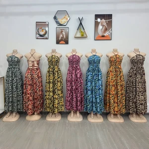 Wholesale Women New Summer Casual Sexy Sling Color Printed Backless Plus Size Long Dress