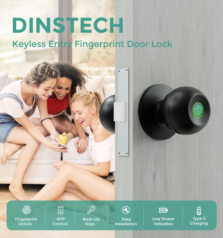 Dinstech Biometric Fingerprint Smart Door Lock Fingerprint Bluetooth Key Tuya Aluminium