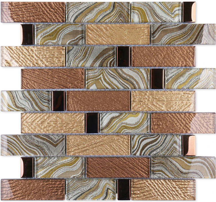 Guangdong factory azulejo mosaico brown rectangle cold spray laminates electroplating glass bathroom tiles mosaics