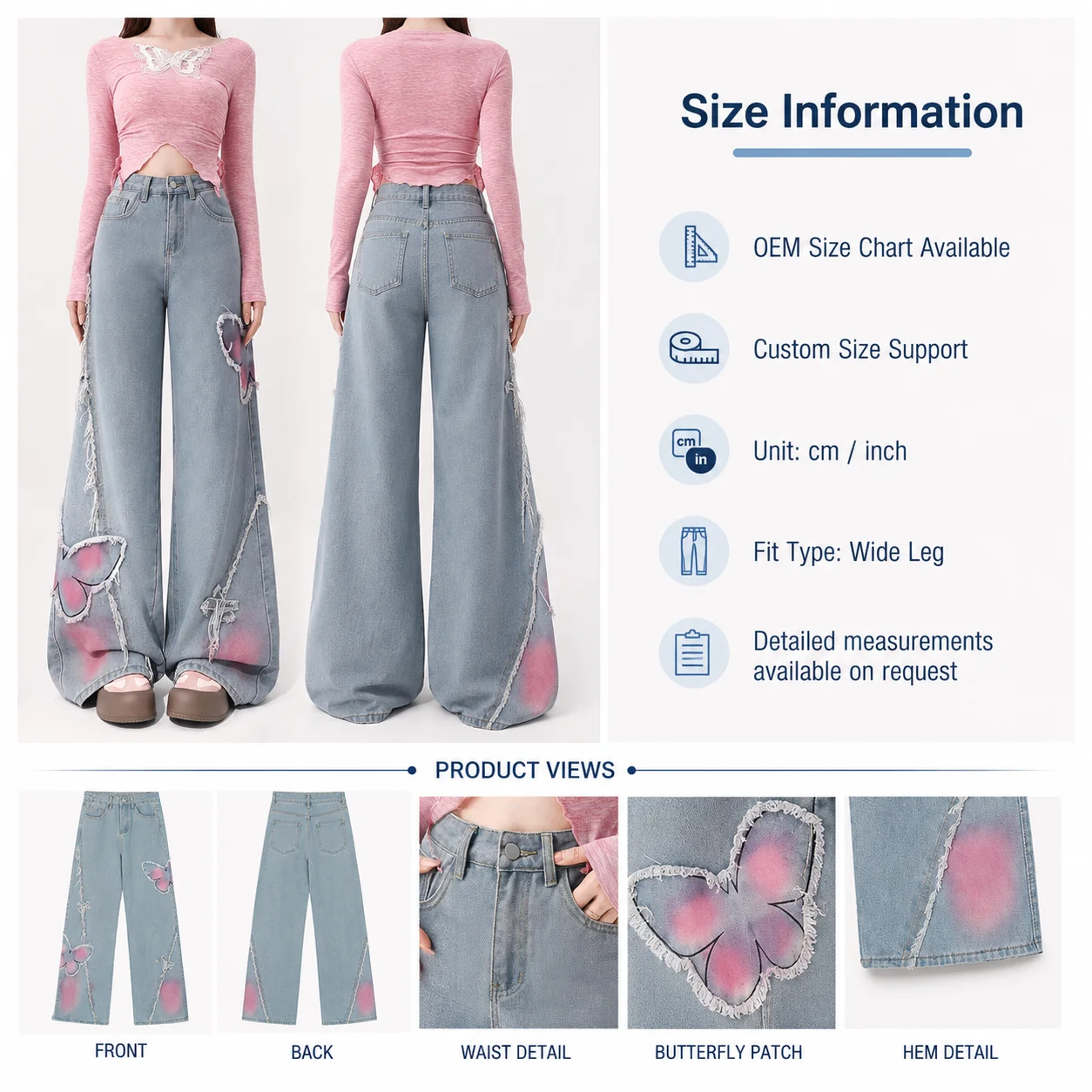 Y2K Street Wear Casual Wide-Leg Pants Washed Pink Butterfly Decal with High Waist Embroidered Digital Printing for Spring Season