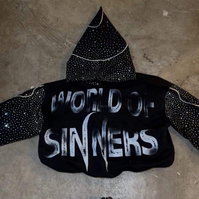 Custom All Over Rhinestone Printing Men's Hoodie with Acid Wash and Letter Graphic High Quality Streetwear Hoodie