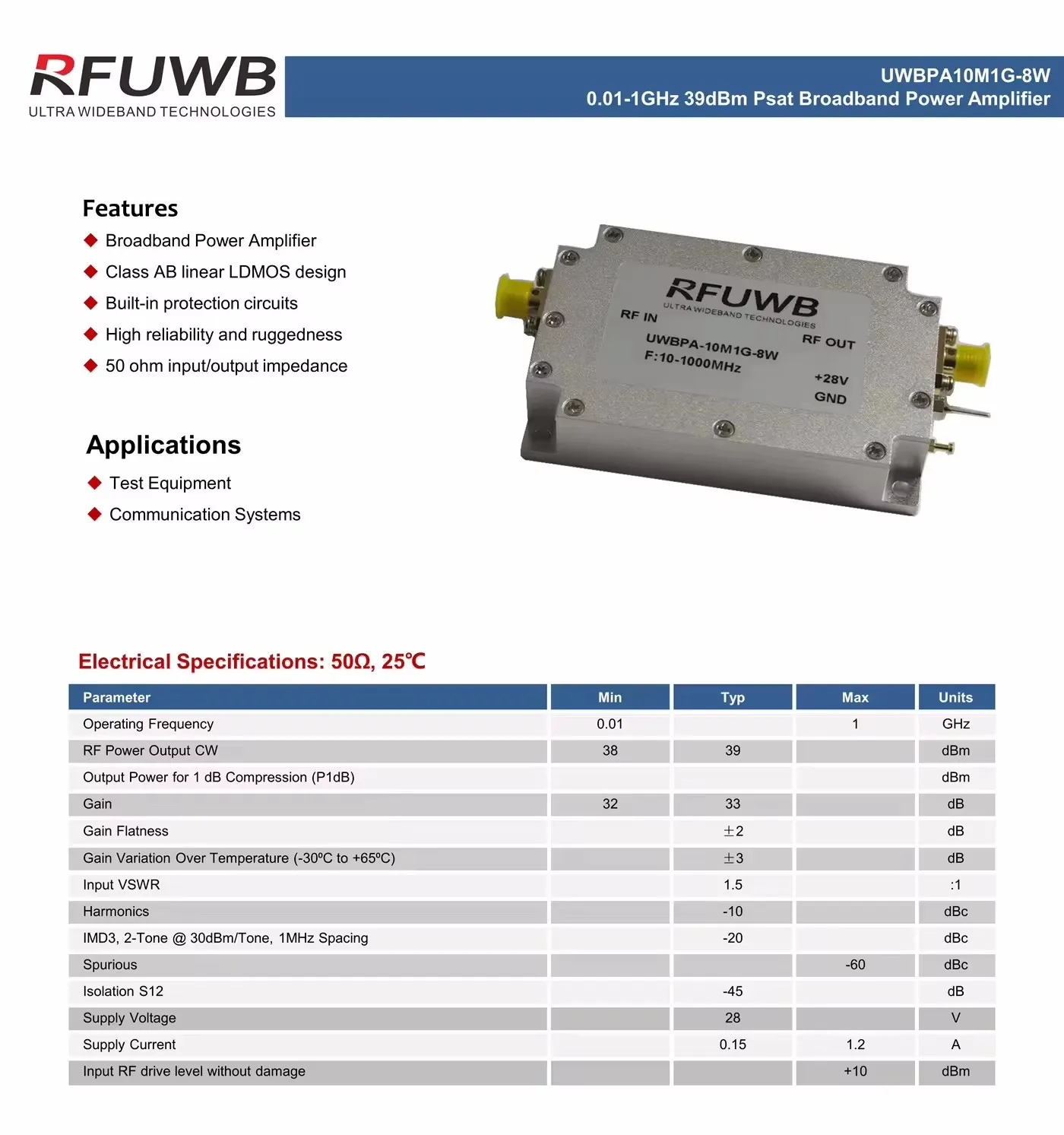 Broadband RF Power Amplifier 8W UWB 10-1000MHz for Wireless