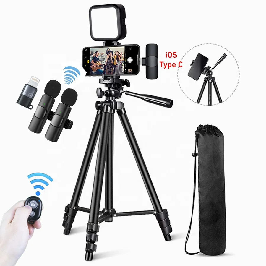 In1 Lapel Mic with LED Light Tripod Stand for Vlogging