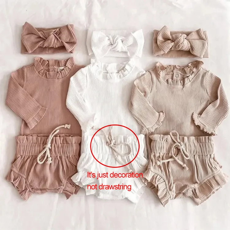 Newborn Baby Girl Clothes Set Solid Lace Ruffles Sleeve Backless Tops Toddler Shorts Outfits 100% Cotton