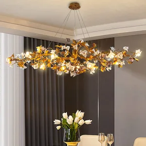 Luxury Full Copper Dining Table Lamp Creative Restaurant Chandelier Light for Living Room Main Lamp Glass Villa Art Middle