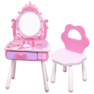 EDULAND Pink Princess Interactive Playhouse Wooden Simulation Dressing Table Jewelry Makeup Toys for Girls Beauty Fashion for