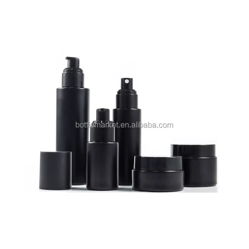 Matte Black Glass Cosmetic Bottle Set 30ml 60ml 100ml Skin Care Spray Bottle Lotion Pump Bottle