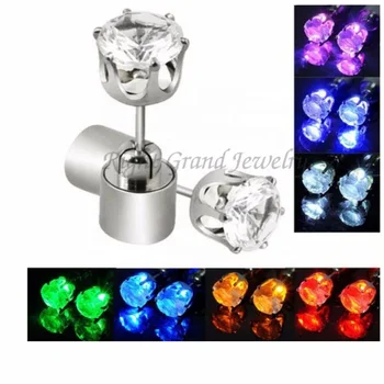 Fashion 7mm Cubic Zirconia Surgical Steel LED Light Up Barbell Ear Studs Earrings