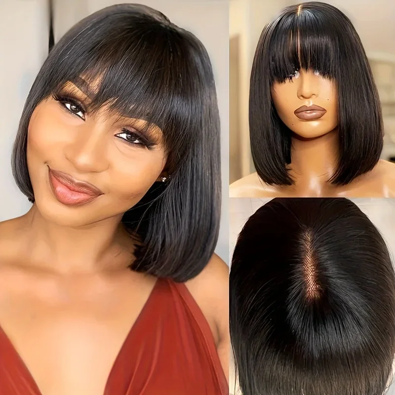 3x1 Middendeel Kant Korte Bob Pruik Met Pony Fringe Recht Menselijk Haar 100% Pruiken_voghion.com