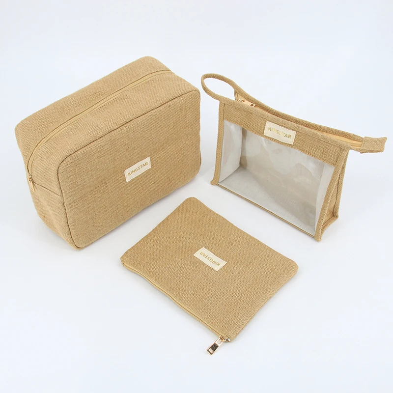 OEM Logo Custom Jute Makeup Cosmetic Zipper Bag Natural Hemp Transparent PVC Travel Portable Makeup Pouch