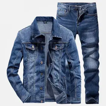 Custom logo men's jeans Denim jacket Men's jeans trousers two piece sets wholesale