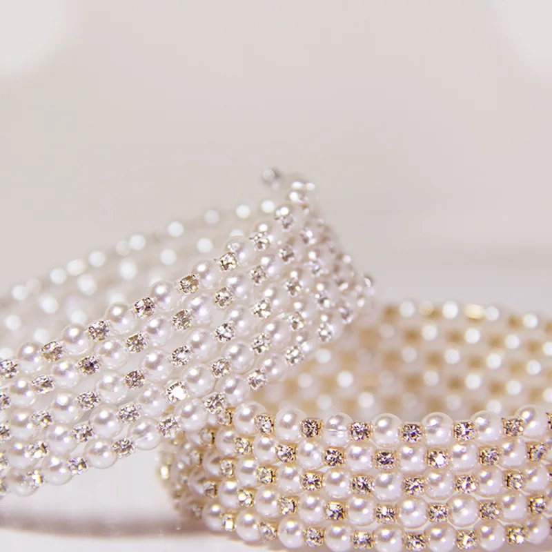 Spring Summer Pearl Woven Bracelet Retro Bling Rhinestone Elastic