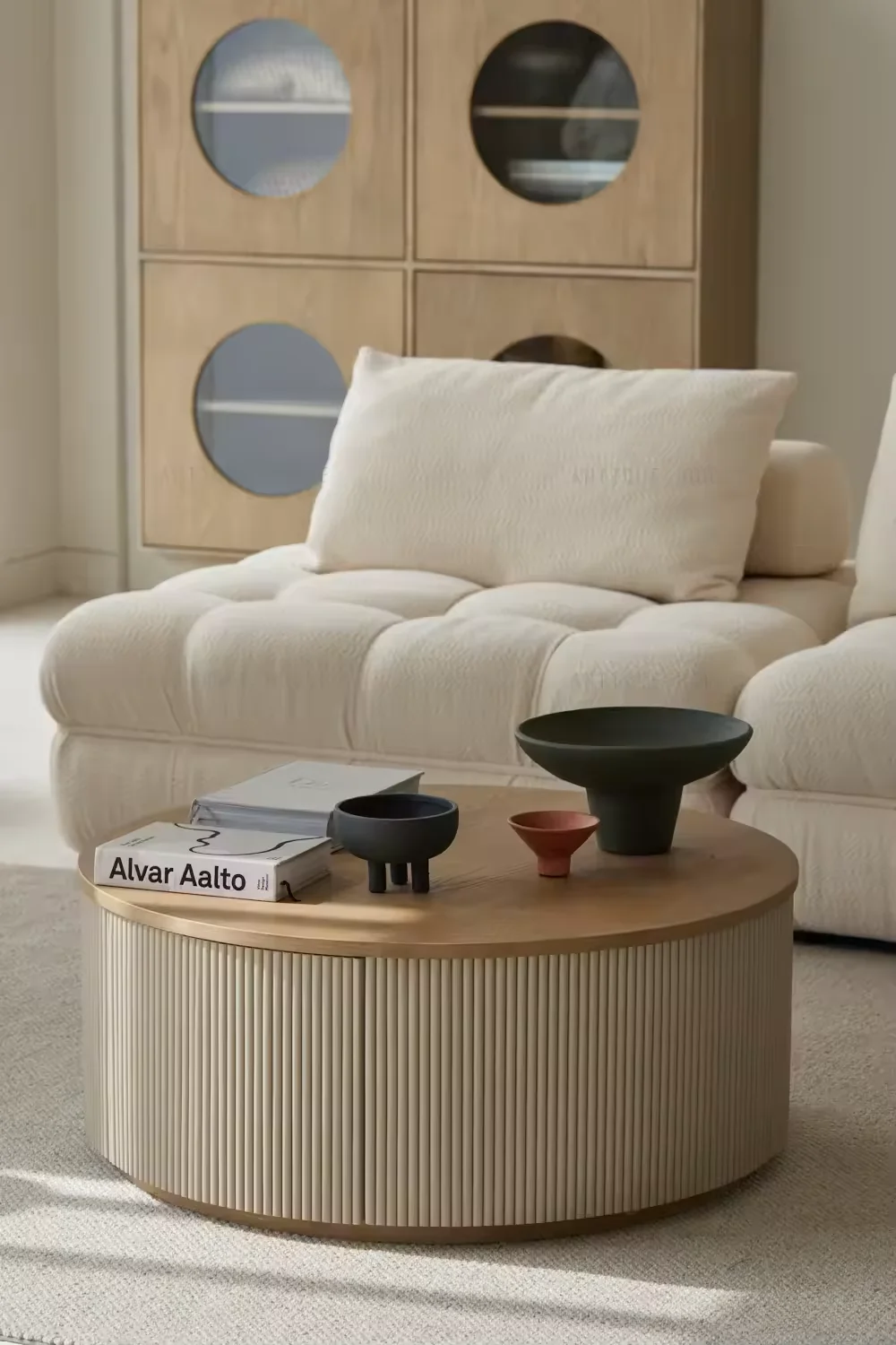 Scandinavian Minimalist Handmade Versatile Reclaimed Oak Round Coffee Table Modern Round Coffee Table with Drawers
