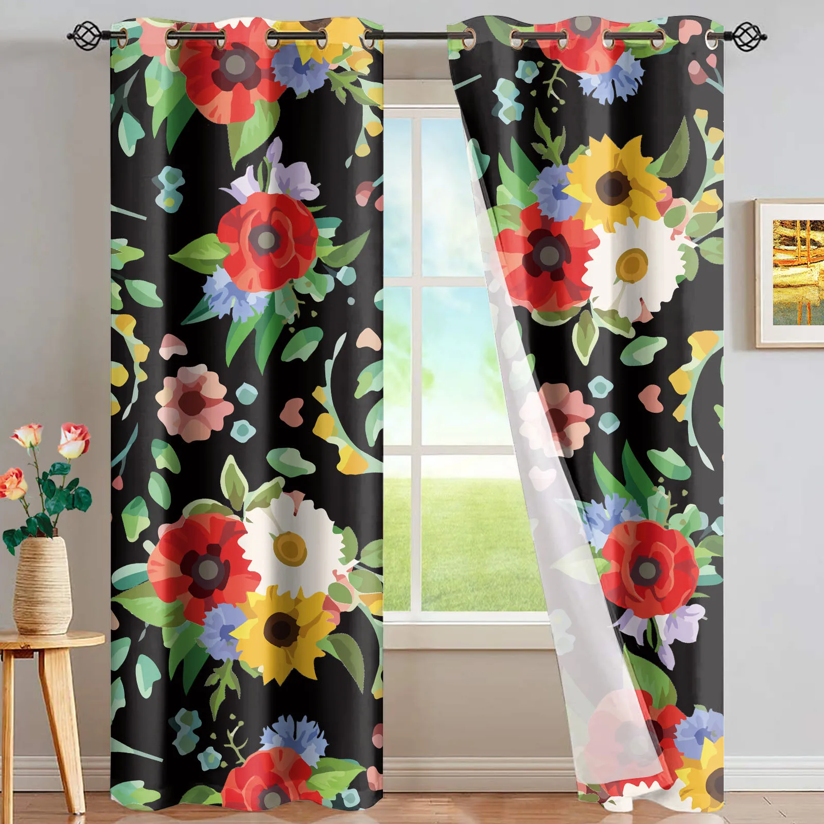 Delicate Flower Painting 3D Blockout Photo Printing Curtains Draps Fabric Window 