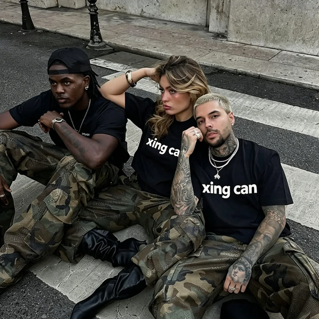 2026 Brugerdefineret sommer nyankomst amerikansk streetwear, DTG-digital print 100 % bomuld T-shirt og kamuflagebukser til mænd – tostyks sæt
