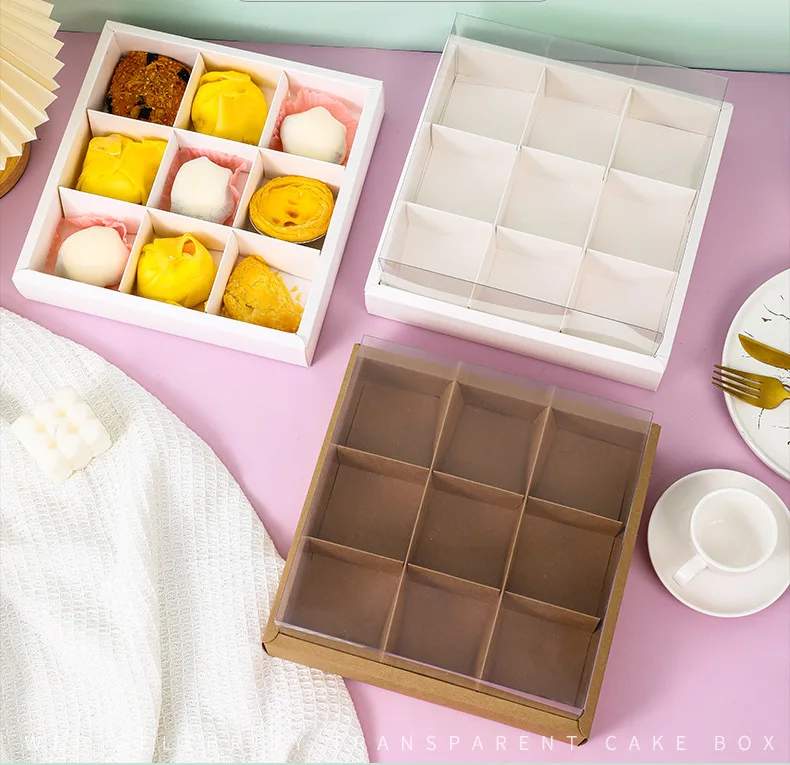 Clear Lid Nine Spaces Dessert Cake Box Bread Biscuit Snack Baking Kraft