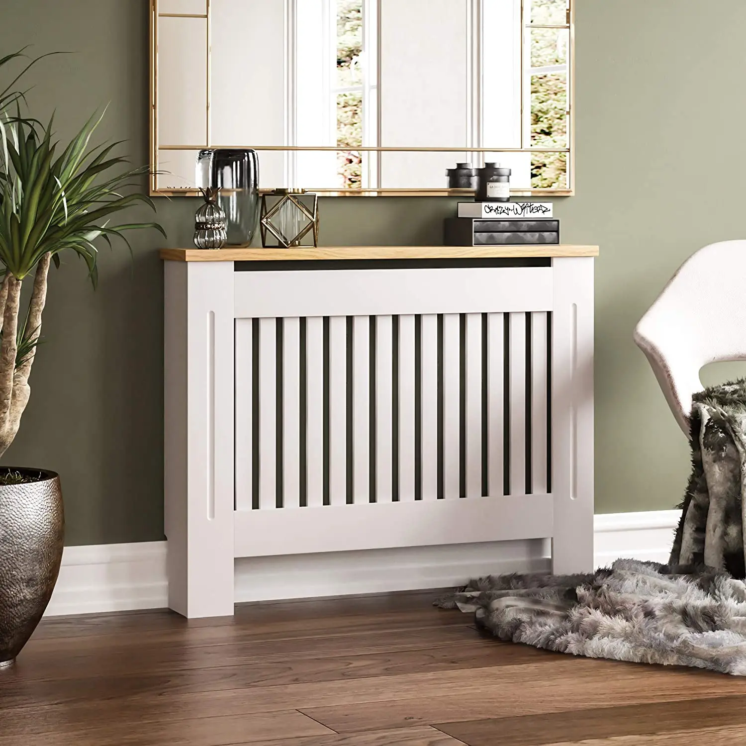 CMY White Wood Radiator Cover – MDF Grill Shelf Cabinet, Modern Traditional Style, Rectangular