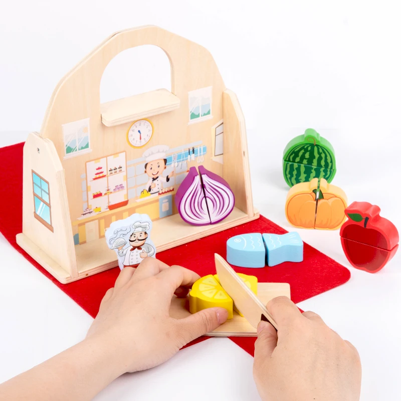 Wholesale Custom 2-in-1 Wooden Cutting Toy Early Education Pretend Play & Preschool Toy for Fruit & Vegetables Baby Learning