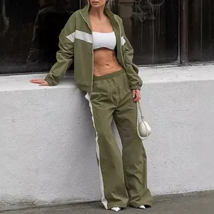 Wholesale Autumn Winter Street Style Patchwork Sporty Sets Zipper Cardigan Tops and Wide Legs Pants Two Pieces Women's Outfits