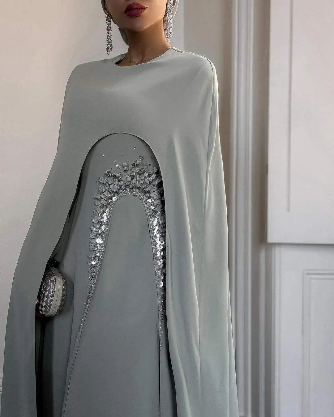 2024 New Design Muslim Stretch Slimming Lantern Gauze Sleeve Party Turkish Abaya Women Evening Dress