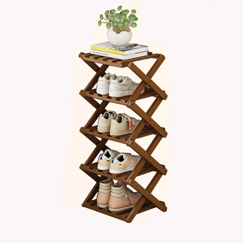 Free Standing 5 Tiers Foldable Bamboo Shoe Rack Wooden Shoe Display Storage Organizer Racks for Home Entryway Living Room