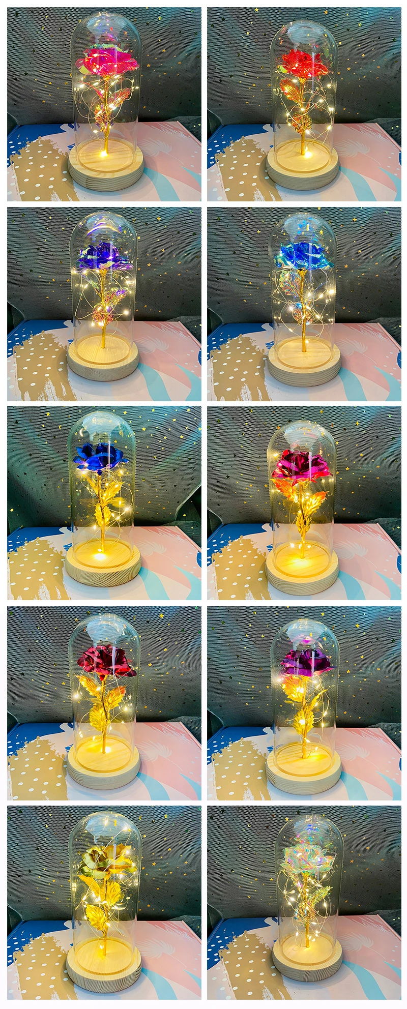 product valentines mothers day gift artificial decorative flower galaxy rose led light 24k golden foil rose in glass dome-57