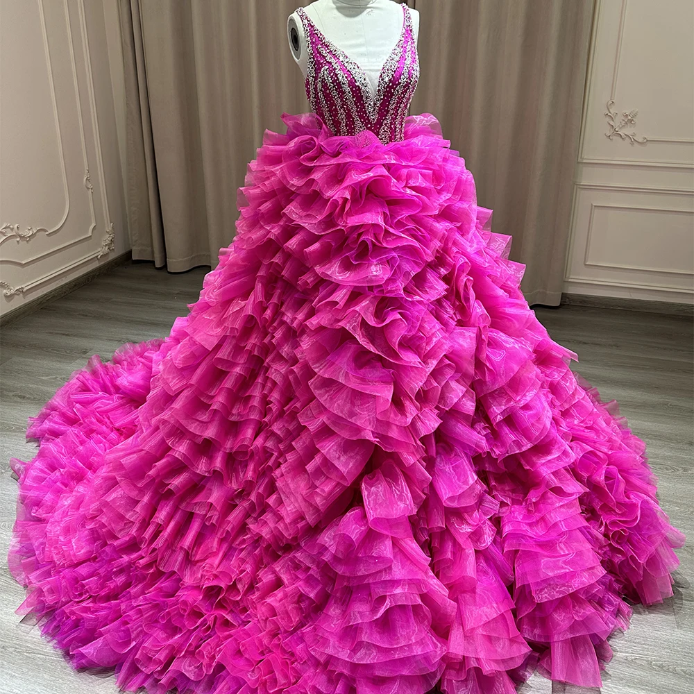 Hot Pink Tulle Tiers Beading Quinceanera Dress Ball Gown Princess Prom  Dresses YL0003