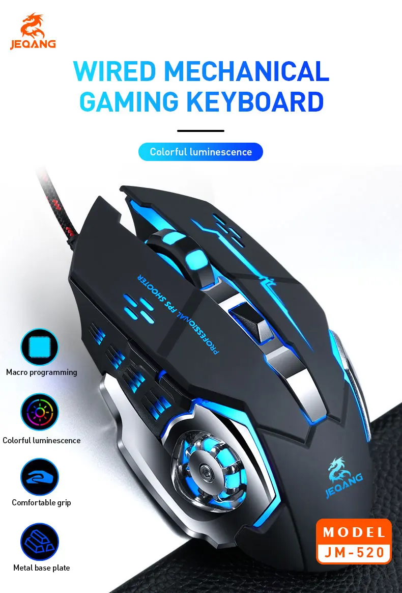 Jeqang Right Hand Orientation 6D Wired Ergonomic Gaming Mouse FCC Certified USB Connection for PC/Desktop Use