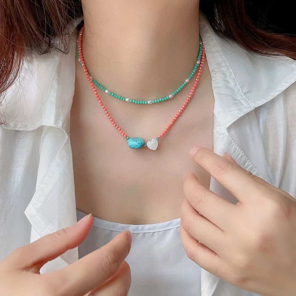 Bohemian Style 10 Kinds Star Shell Pearl Turquoise Charm Faceted Crystal Beads Choker Necklace Set for Women Girls