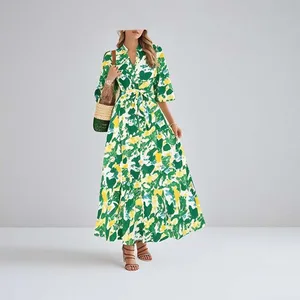 Women's Summer Casual Boho Floral Chiffon Maxi Dress V Neck 3/4 Puff Sleeve Button Tie Waist Long Flowy Shirt Dress