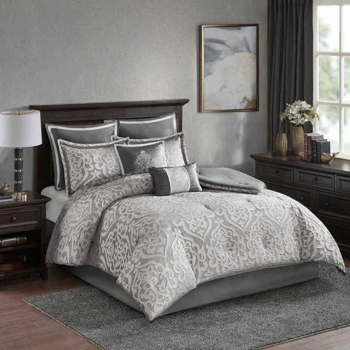 Factory Wholesale Jacquard 8-Piece Reversible King Duvet Cover wholesale Bedding Set in Silver