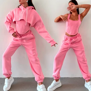 Huilil Custom Logo Women's 3-Piece Winter Tracksuit Set 500gsm Heavyweight Fleece Thick Sweatpants Hoodie Short Matching Blank