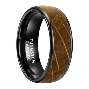 Coolstyle Jewelry 8mm Black Tungsten Carbide Ring for Men Women Wedding Band Whisky Barrel Oak Wood Inlay Domed Comfort Fit