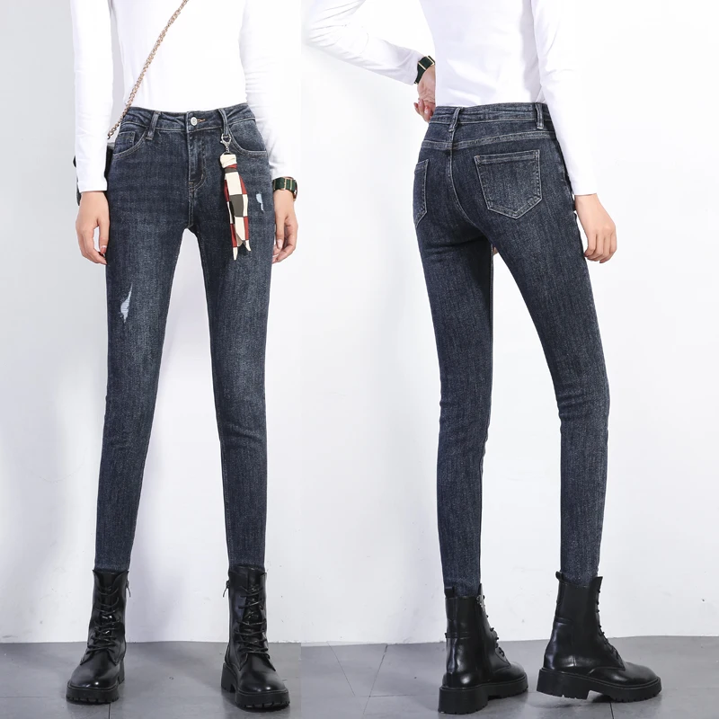 
New listing high-quality smoky gray tight-fitting stretch ladies denim trousers 