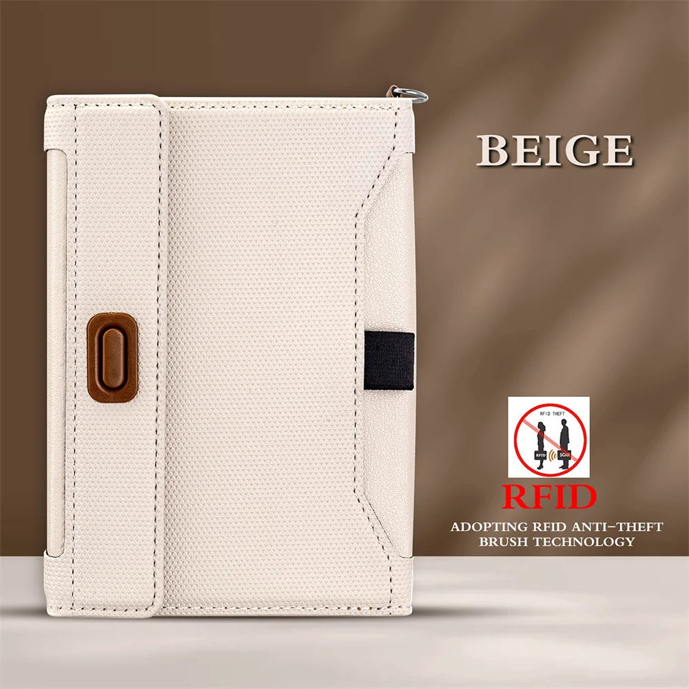 Men's Slim Pu Leather Beige Passport Cover Waterproof Anti-Theft Passport Holder with Keychain and Lanyard