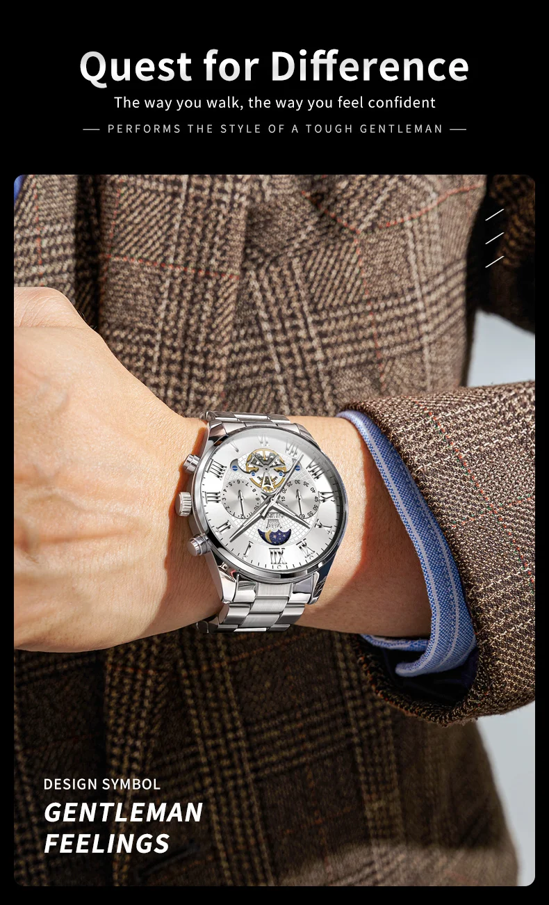 OLEVS 3640 Men's Watches TOP Brand Chronograph Moon Phase Roman Scale Stainless Steel Luminous Hands Waterproof Man Wristwatches