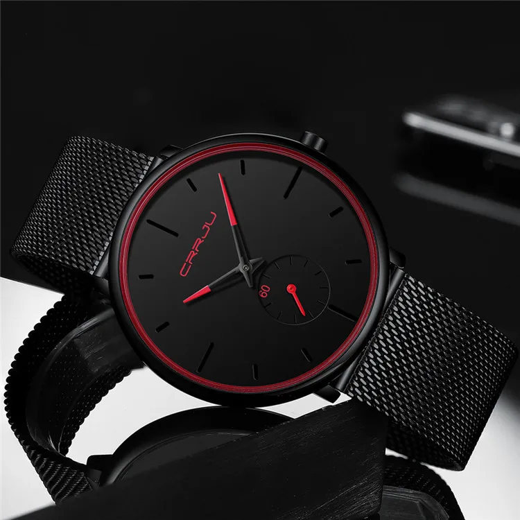 CRRJU 2150 Negro hombres relojes de moda Popular de acero inoxidable  pulsera reloj de cuarzo