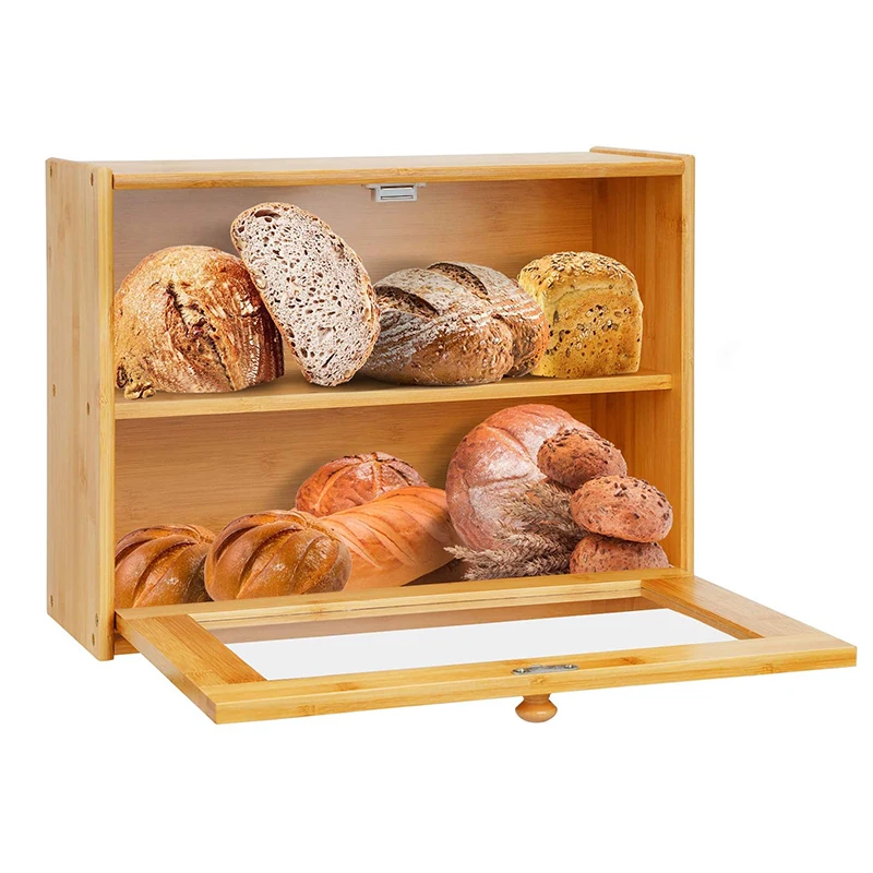 Large Capacity Bread Storage Adjustable Layer Bin Bread Container Bamboo Bread Box for Kitchen Counter