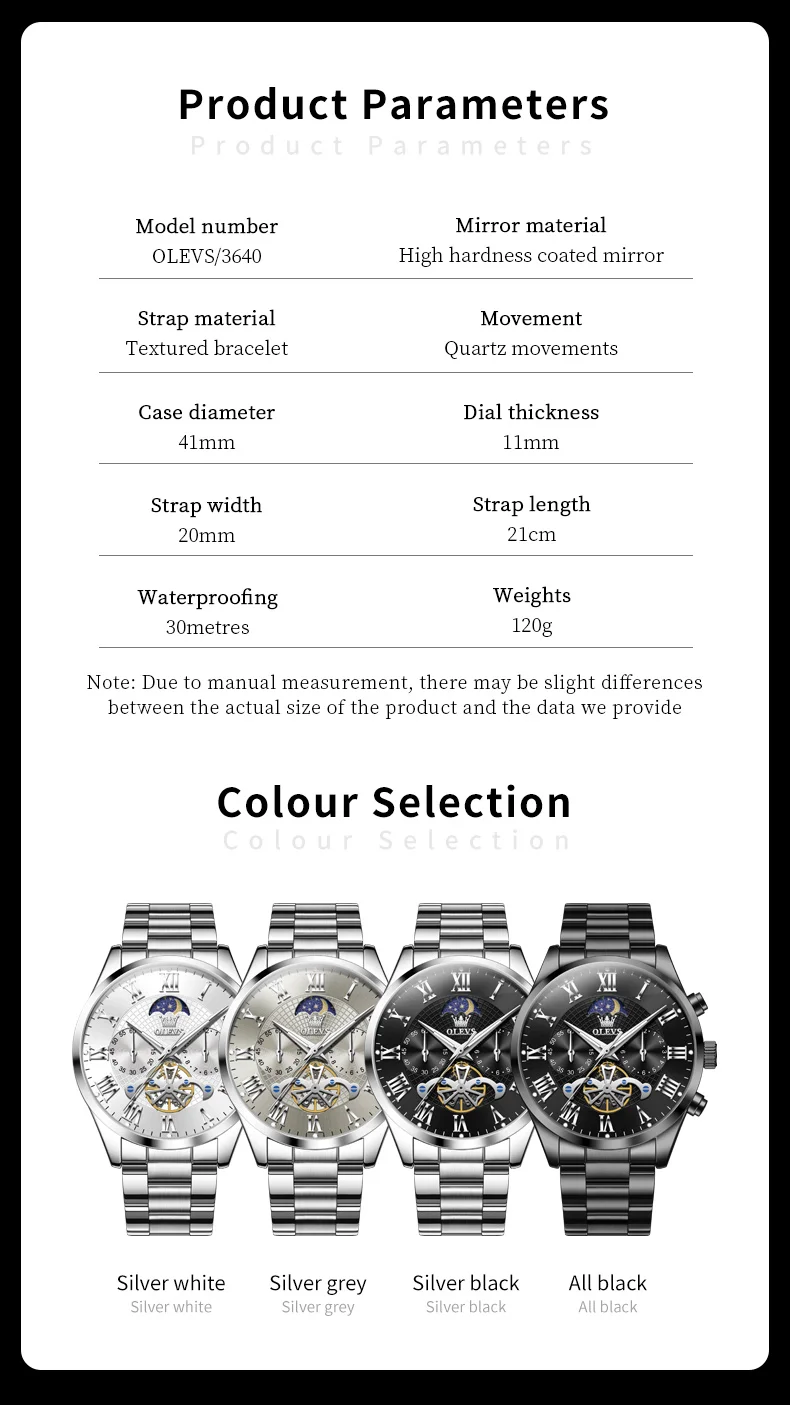 OLEVS 3640 Men's Watches TOP Brand Chronograph Moon Phase Roman Scale Stainless Steel Luminous Hands Waterproof Man Wristwatches