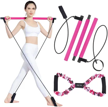 Pilates Bar Kit with Resistance Band for Portable Home Gym Workout, 3-Section Yoga Pilates Stick Muscle Exercise Equipment