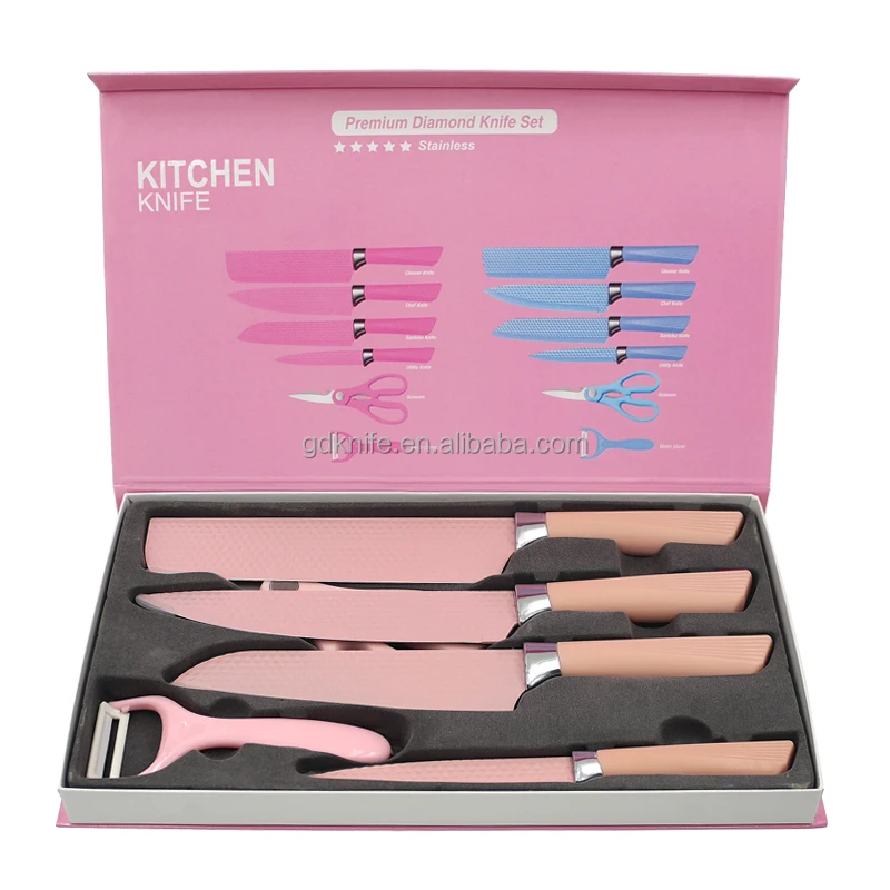 Custom Kitchen Knife Set cooking Chef Santoku knife Stainless Steel Color Non-Stick Coating 6-Piece Gift Box Knife Set